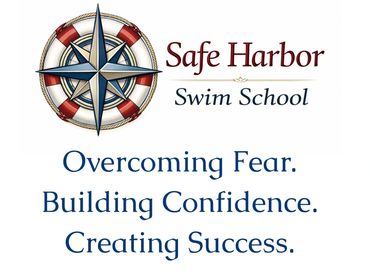 Safe Harbor Swim School logo with motivational tagline about overcoming fear and building confidence.