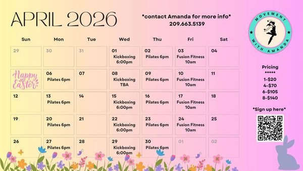 April 2026 fitness schedule with Pilates, Kickboxing, and Fusion Fitness classes.