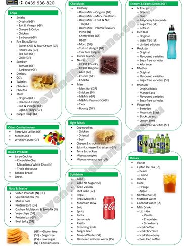 List of vending machine product options