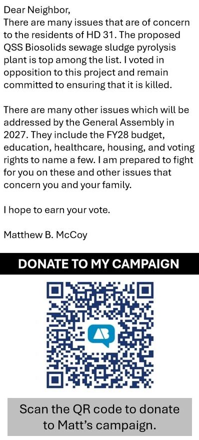 Campaign flyer opposing sewage plant, seeking votes and donations.