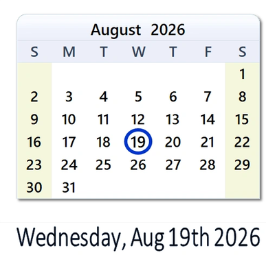 Calendar highlighting August 19, 2026.