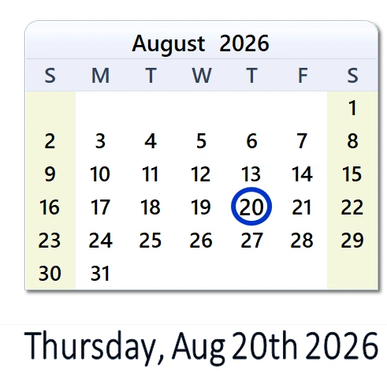 Calendar highlighting August 20, 2026.