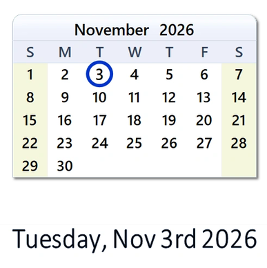 Calendar for November 2026 with November 3rd circled.