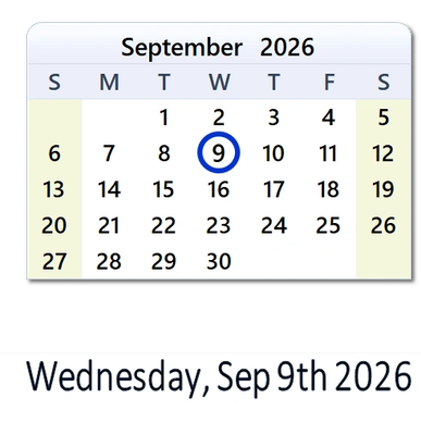 Calendar showing September 9, 2026, highlighted.