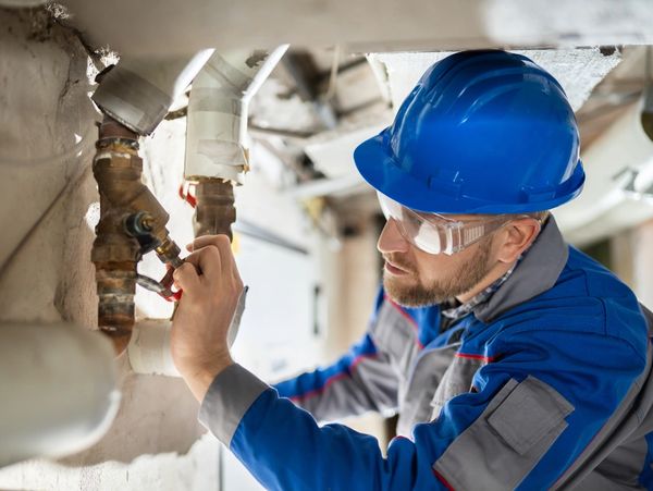 Male Worker Inspecting Water Valve For Leaks In Basement