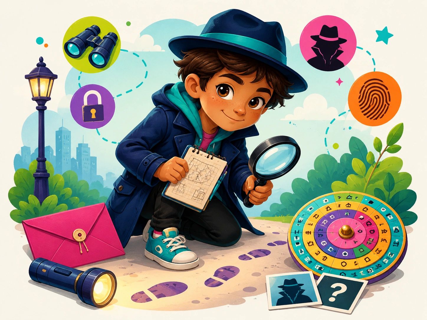 Young detective investigating clues with magnifying glass and notebook.