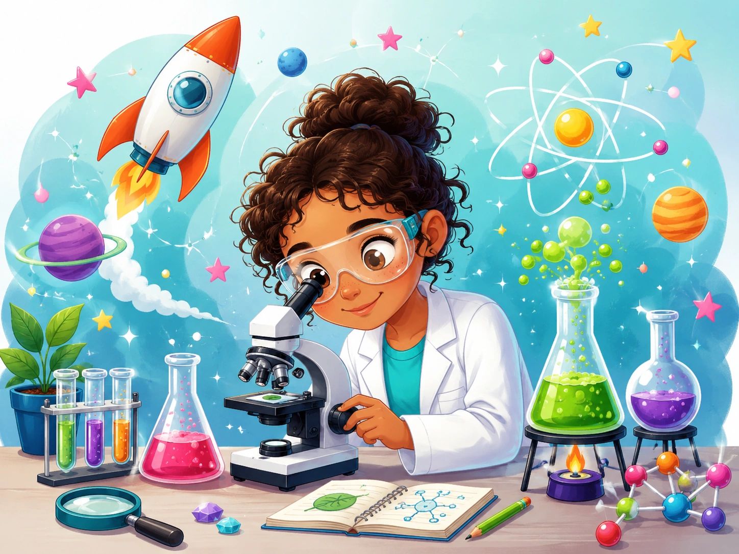 Child scientist observing through a microscope with colorful science elements around.