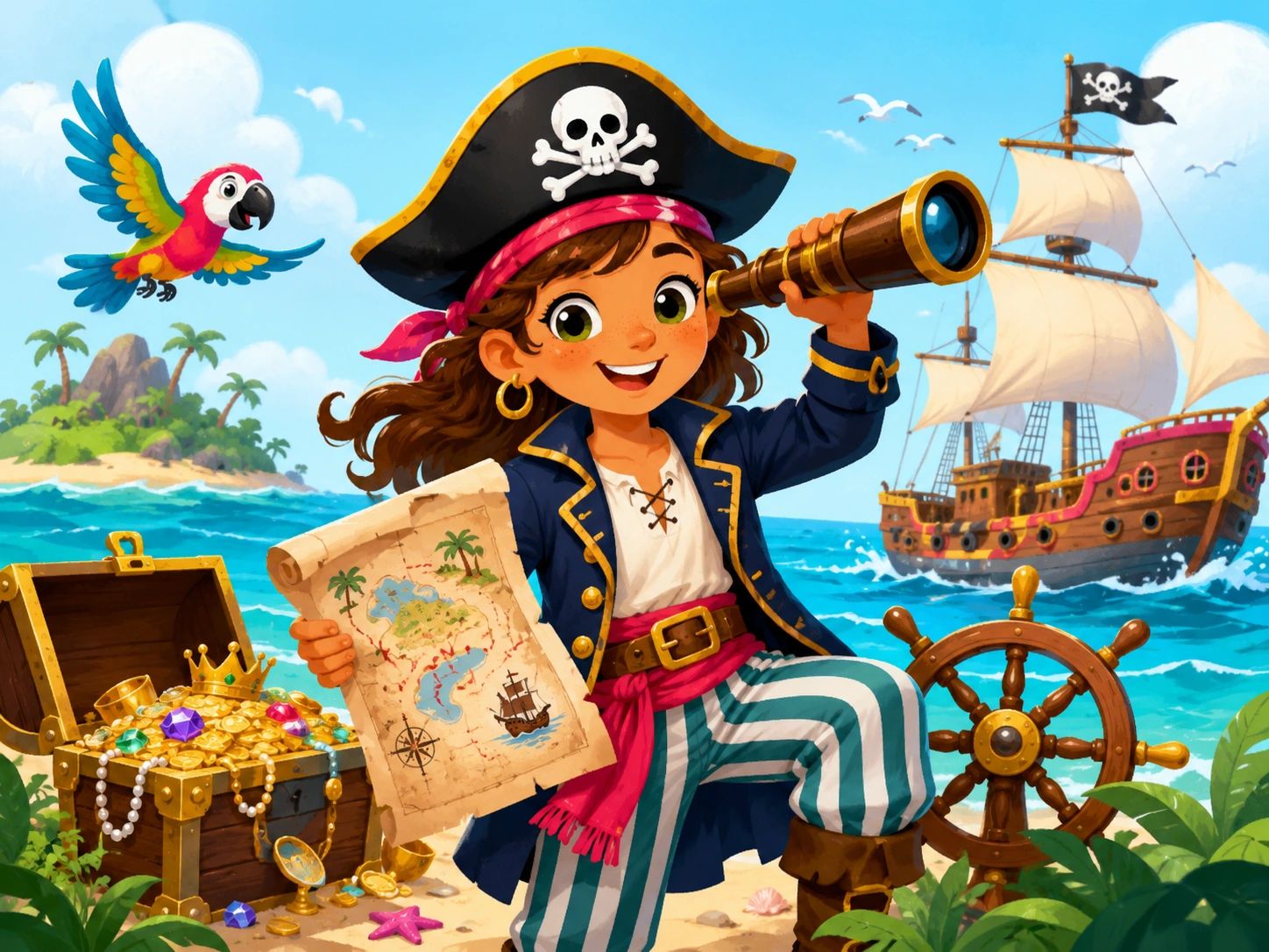A cheerful young pirate with a map and spyglass near treasure and a ship.