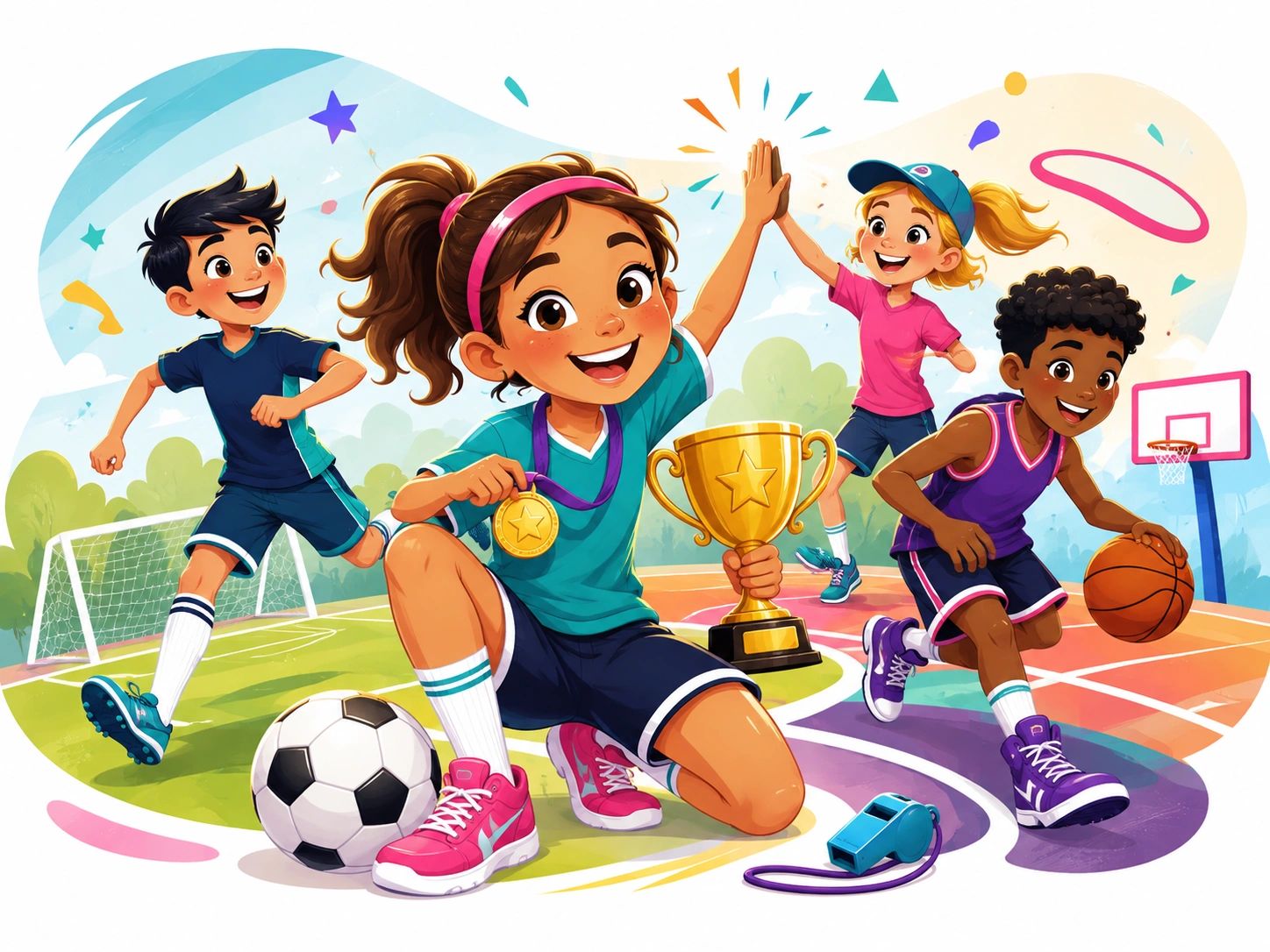 Kids celebrating sports victory with medals and trophies.