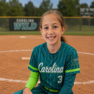 Young girl in Carolina Wild softball uniform smiling on the field.