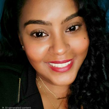 Close-up of a smiling woman with curly hair and red lipstick.