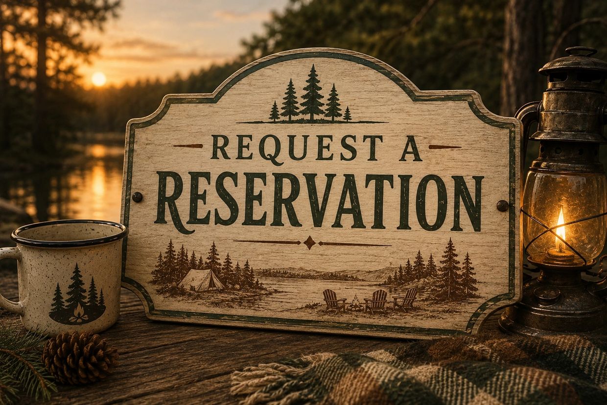 Wooden sign asking to request a reservation outdoors.