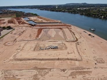 Aerial view of excavated land near Lake Granbury, Texas. 