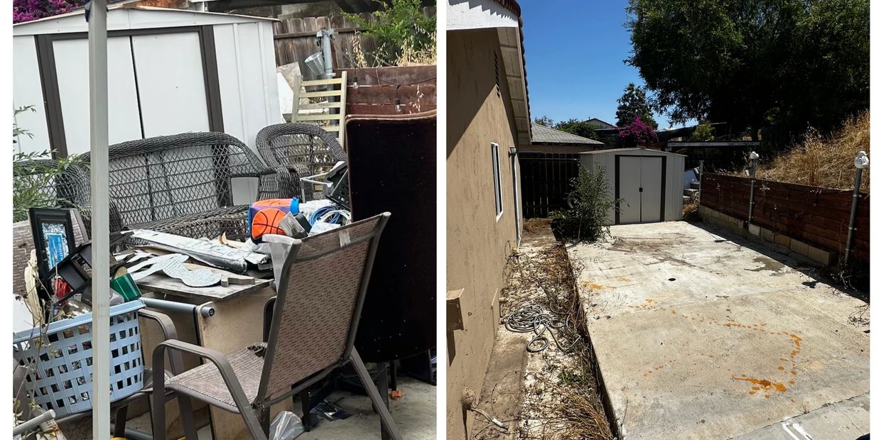 Before shot of cluttered backyard patio with furniture and items scattered.