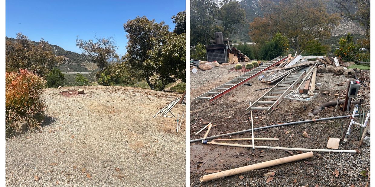 Two outdoor scenes showing different ground conditions and scattered construction materials.