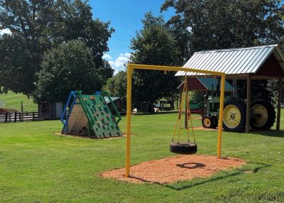 Playground with tire swing and climbing wall.