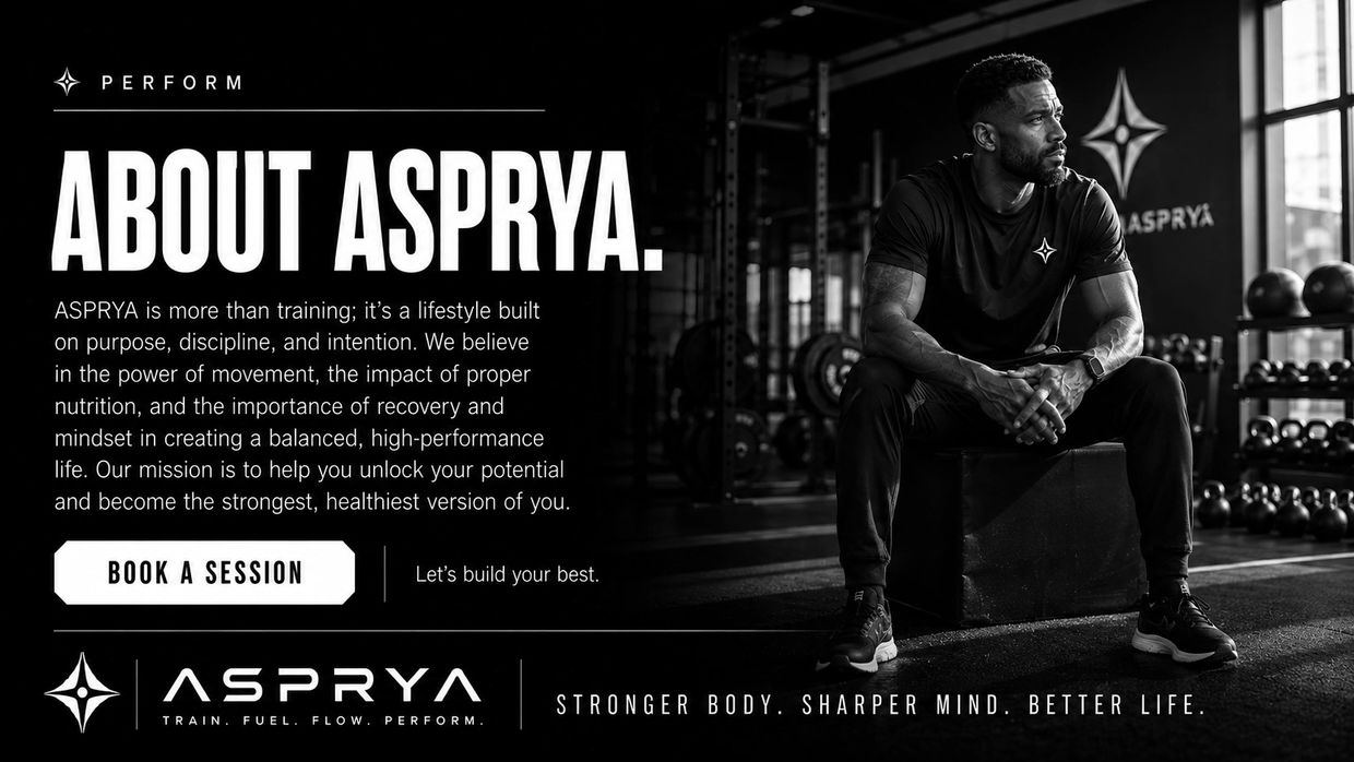 Athlete sitting thoughtfully in gym promoting About Asprya fitness brand.