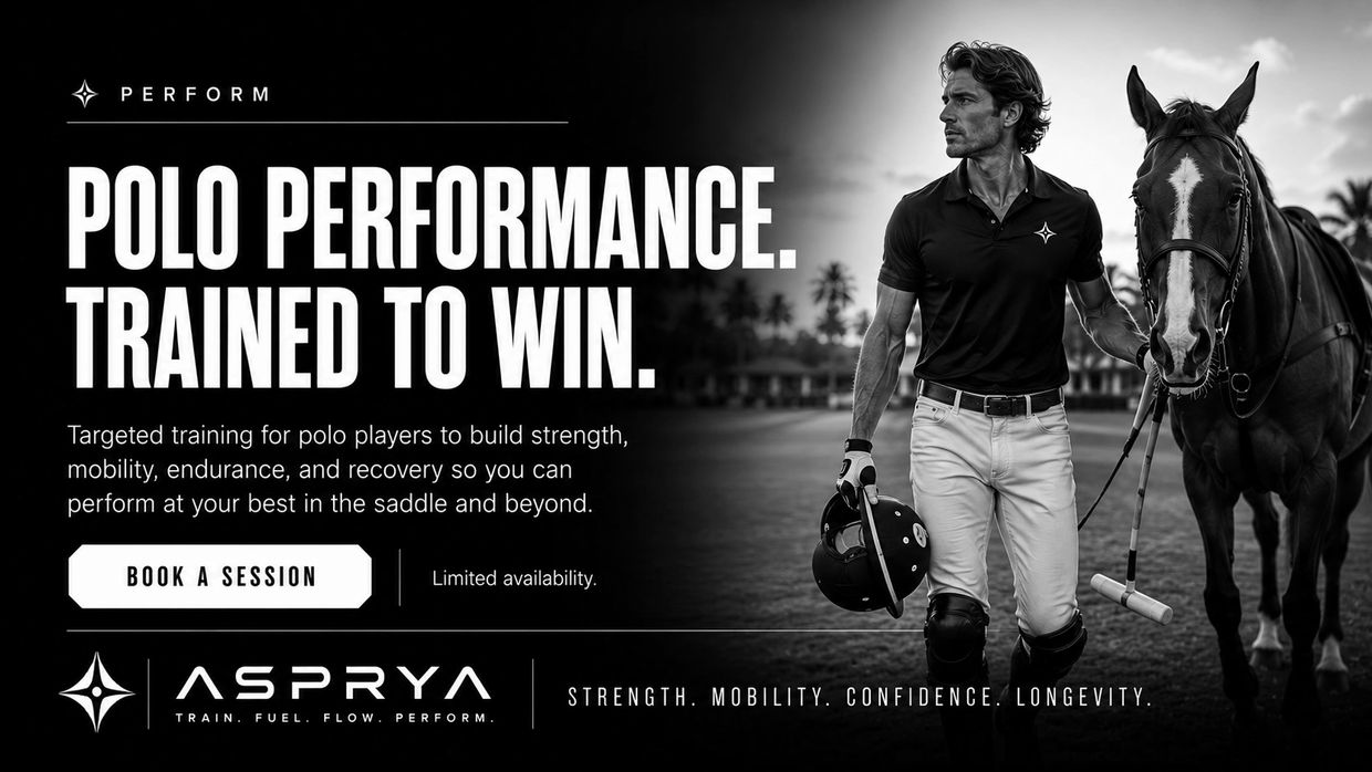 Polo training program advertisement with athlete and horse.
