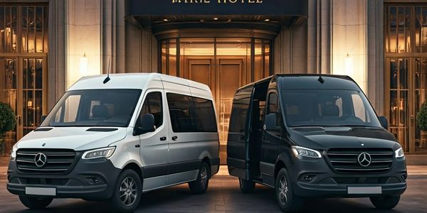 Two Mercedes vans parked in front of a luxurious hotel entrance.