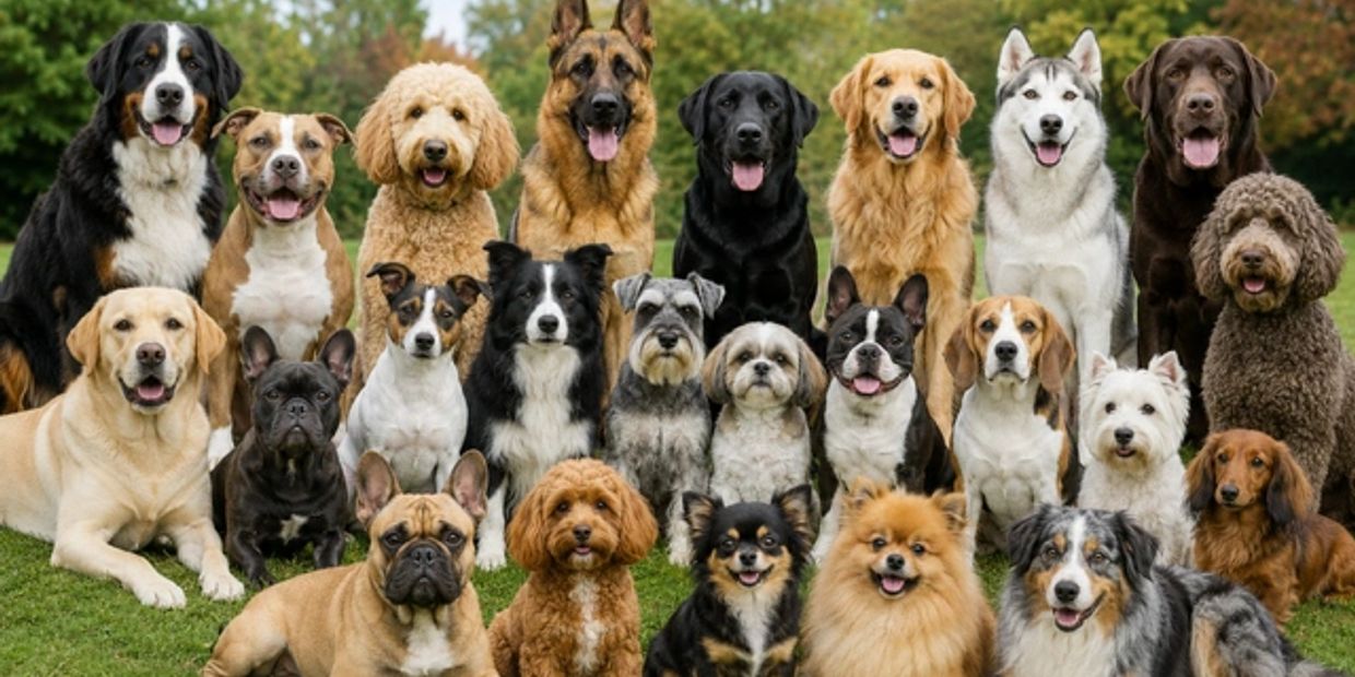 A large group of various dog breeds sitting together outdoors on grass.