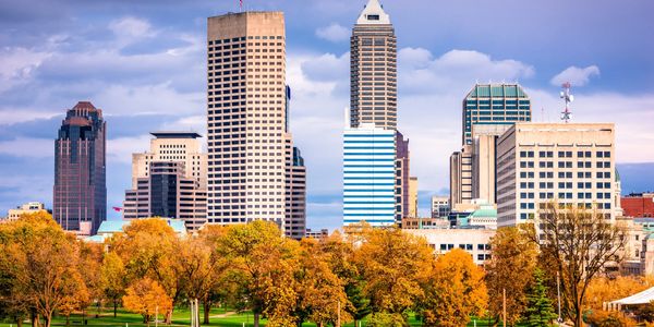 Indianapolis skyline with autumn trees in the foreground.