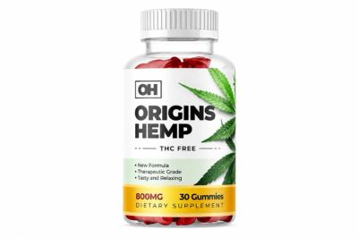 Bottle of Origins Hemp THC free gummies.