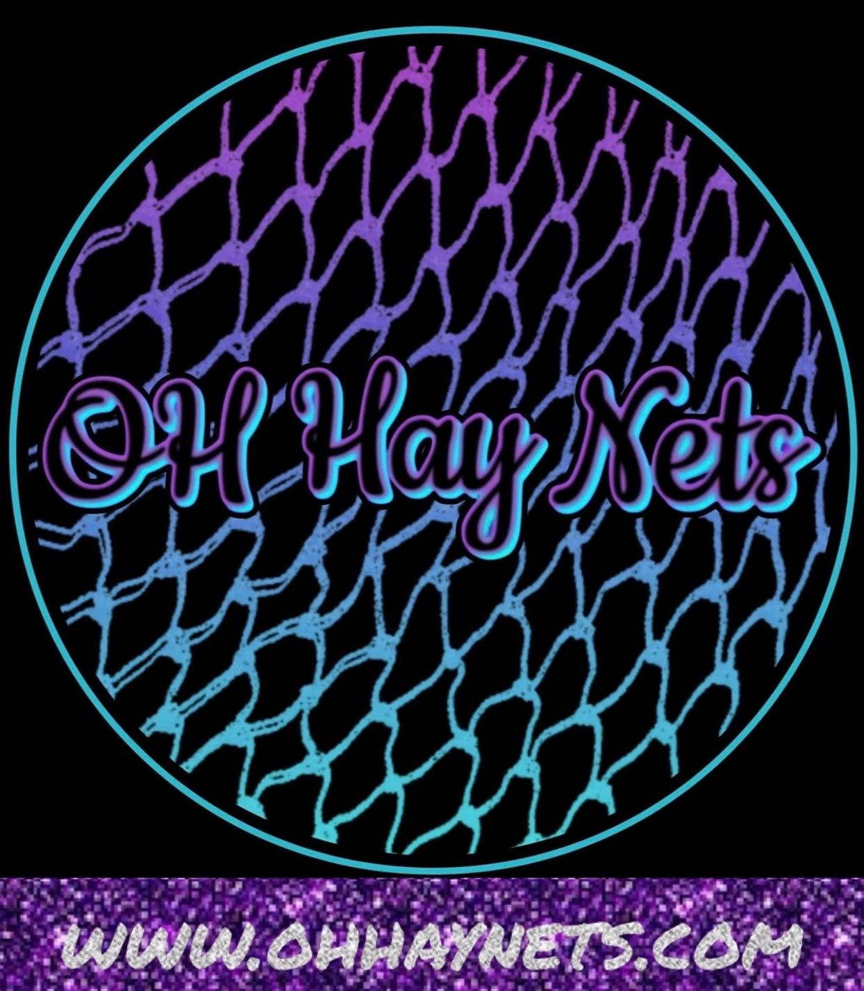 Logo of OH Hay Nets with colorful net background.