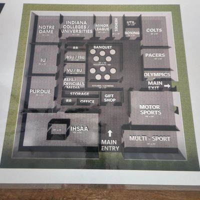 Floor plan of a sports convention center with labeled rooms and entries.