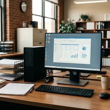 Neat office desk with computer, documents, and office supplies in a bright workspace.