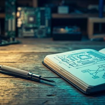 A screwdriver and a notebook with circuit diagrams on a wooden table.