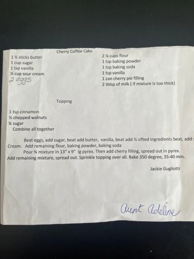 Recipe for cherry coffee cake with ingredients and baking instructions.