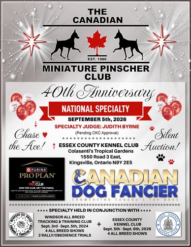 Poster for the Canadian Miniature Pinscher Club's 40th Anniversary National Specialty dog show in 2026.