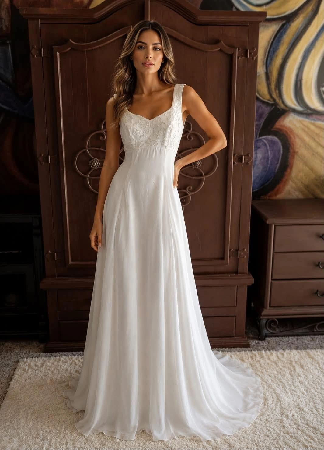 A-00886 Wedding Gown Tank Style Empire Waist Beaded Top Chiffon Bottom w/Long Train Size