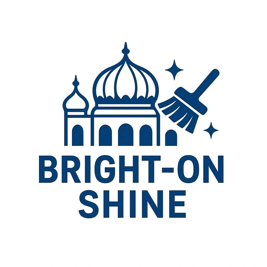 Logo of Bright-On Shine with a building and cleaning brush.