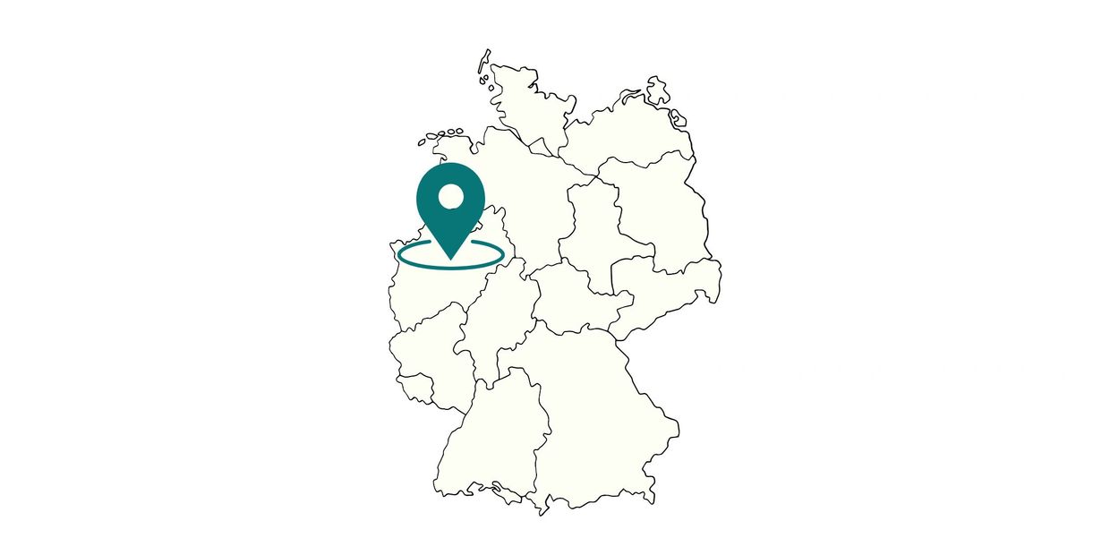 Deutschlandkarte, wo ein Bereich in NRW markiert ist