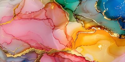 Abstract watercolor painting with vibrant colors and gold accents.