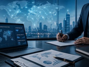 Businessman working with global data and financial reports in a modern office.
