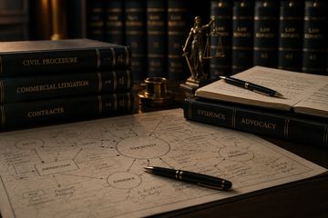 Legal books, notes, and a pen on a desk with a legal mind map.