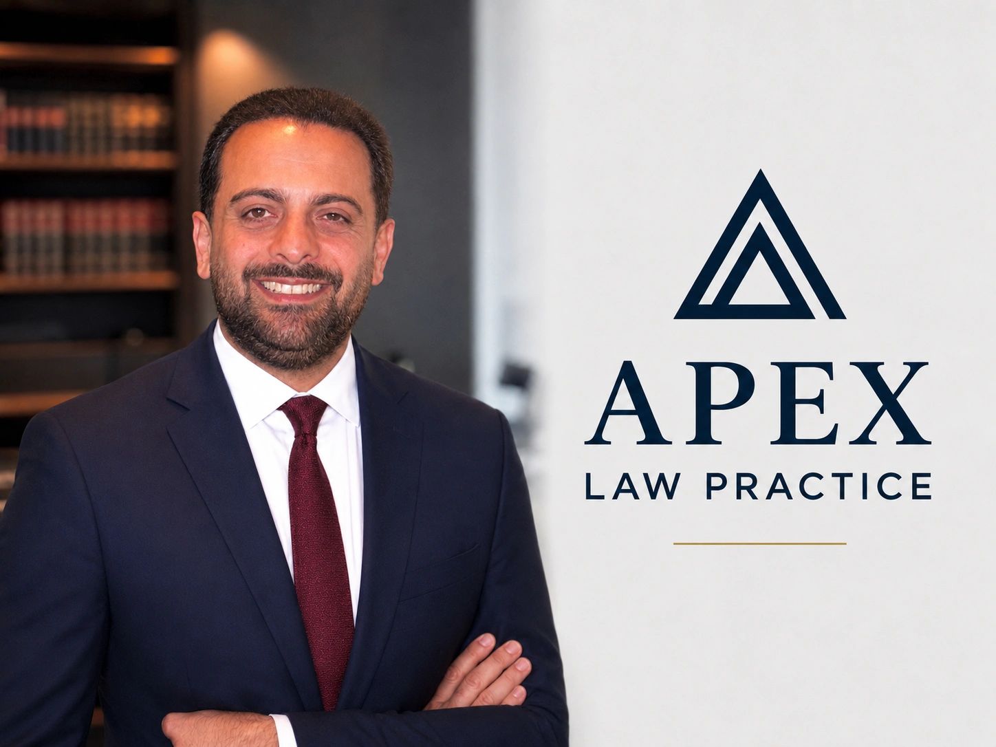 Confident lawyer standing in front of Apex Law Practice logo.