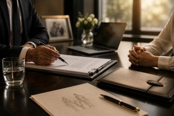 Two people discussing documents in a professional office setting.