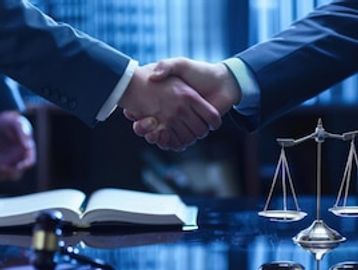 Two professionals shaking hands over a legal desk with scales and a gavel.