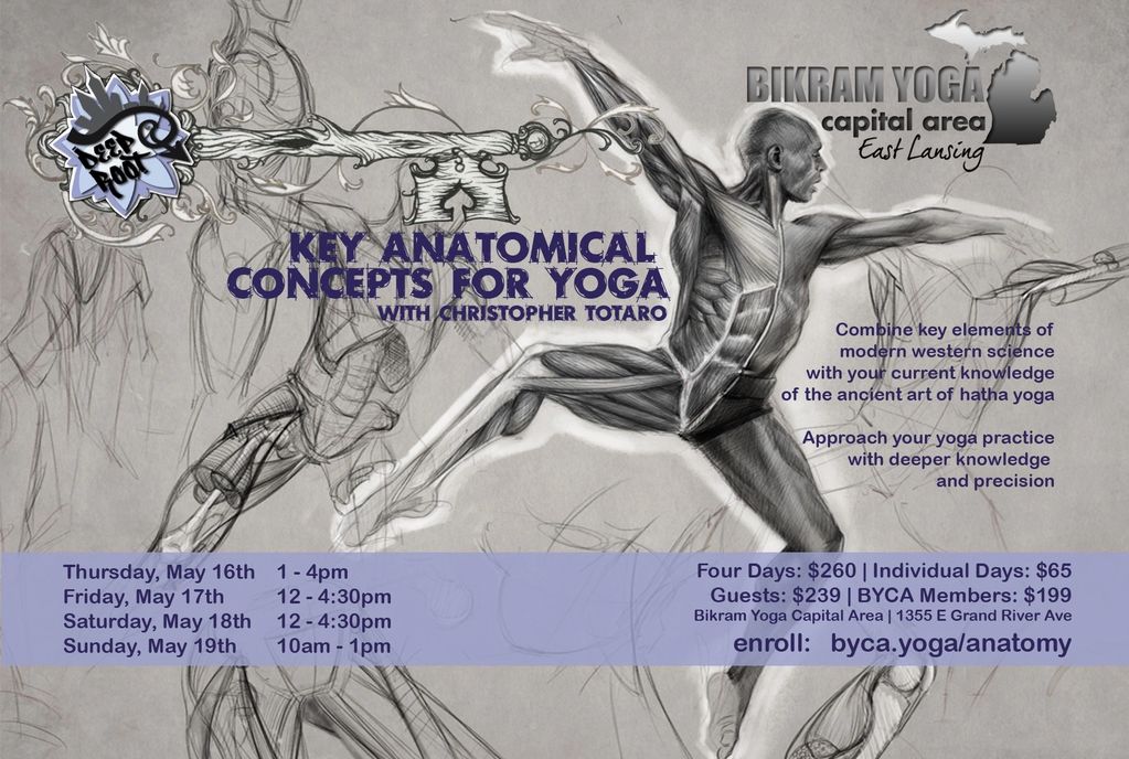 Anatomical yoga workshop poster with a muscular figure in a yoga pose, dates, and enrollment info.