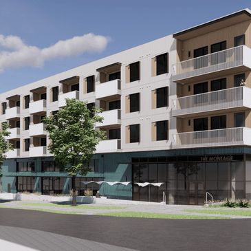 Modern four-story apartment building with balconies and outdoor seating areas.
