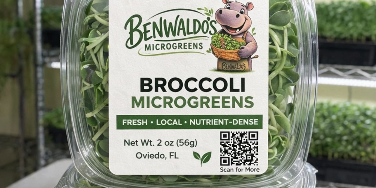 Benwaldo's Broccoli Microgreens in clear packaging with label.