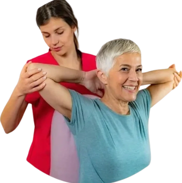 A physical therapist assists an older woman with arm stretches.