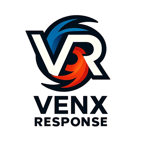 Logo of VenX Response with stylized VR letters and red-blue swirl on orange background.