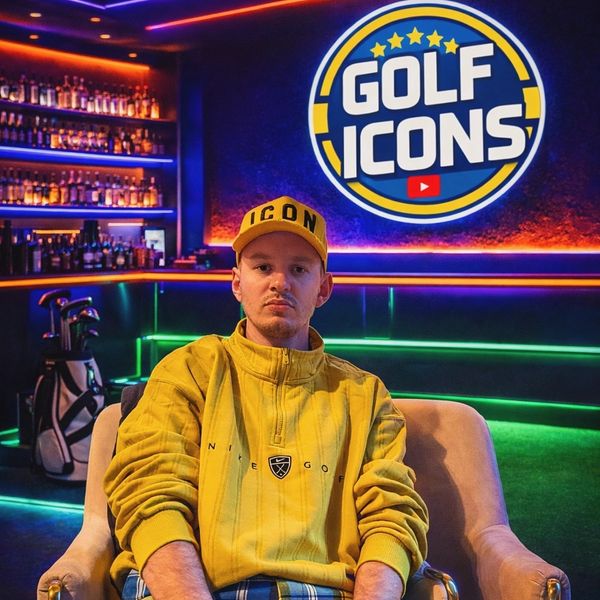 Man in yellow Golf Icon outfit sitting in a neon-lit lounge.
