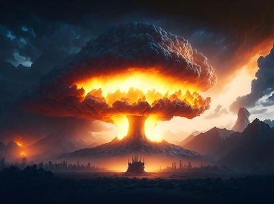 A massive mushroom cloud from a large explosion over a futuristic city silhouette.