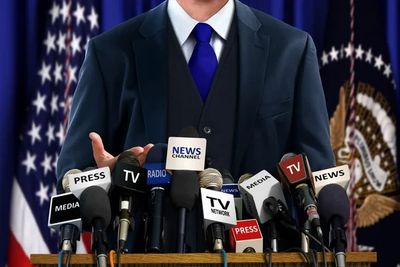 A suited man speaking at a press conference with multiple microphones.