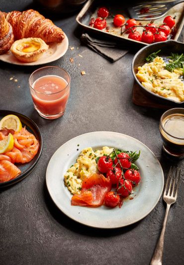 Breakfast, Brunch, scrambled eggs, salmon, pastries